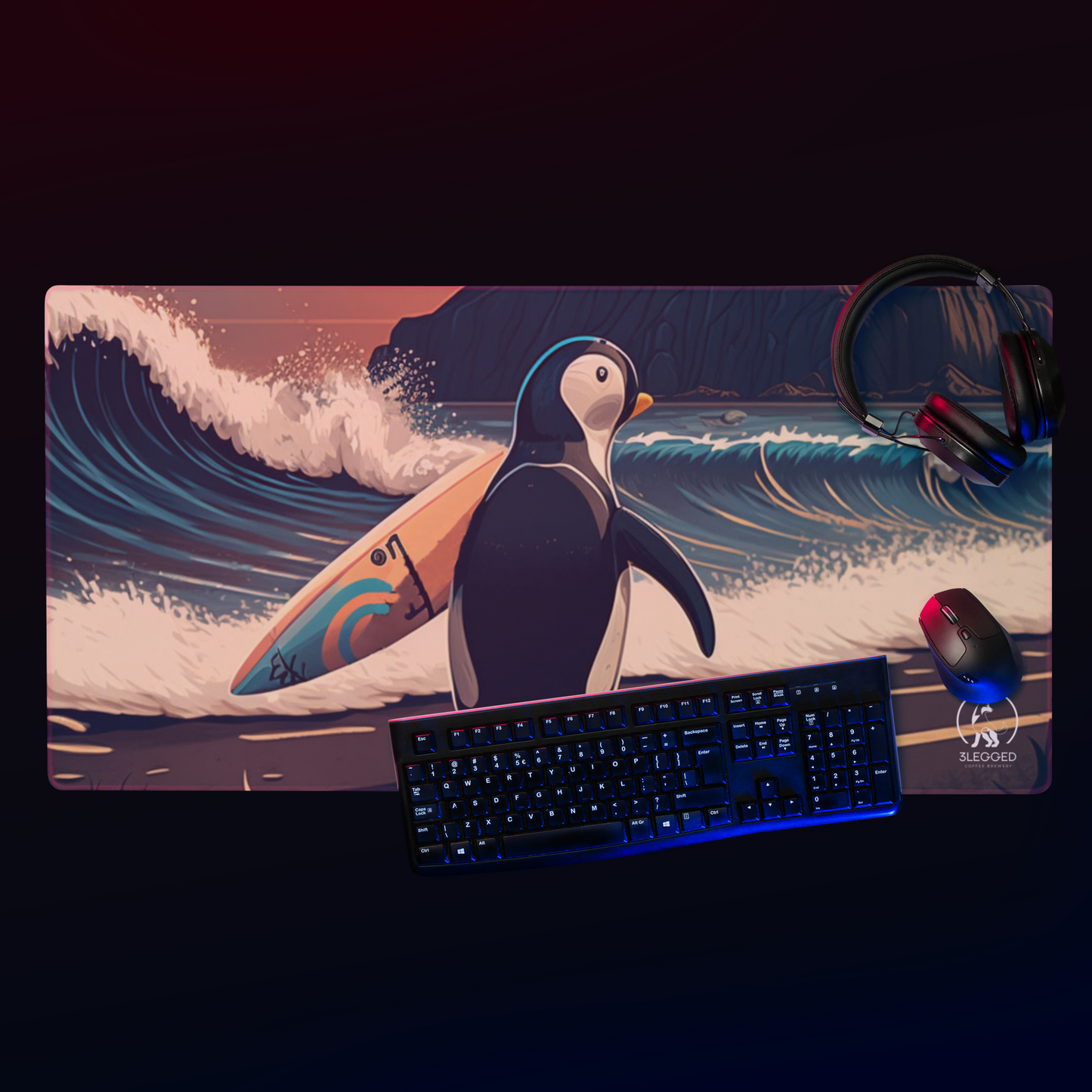 Penguin Surfer Extra Large Gaming Mouse Pad